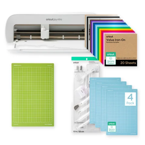 Combo Cricut Joy Xtra con Tapete StandardGrip, Kit de 7 Herramientas, 4 Tapetes LightGrip y Vinilo Iron-On Rainbow Sampler - BUNCU0066-2012124-2010898